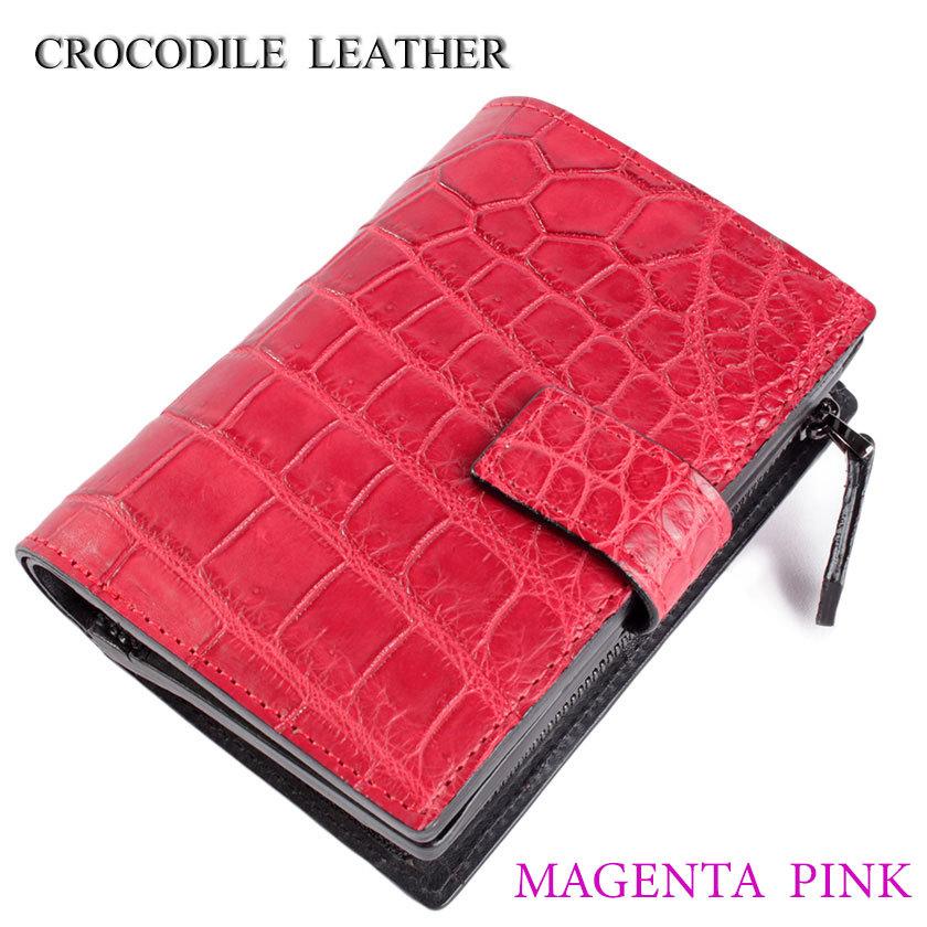 L字ファスナー二つ折りミドル財布 / クロコダイル財布 マゼンタピンク/イタリアンレザー ブラック FUSION |  | 04