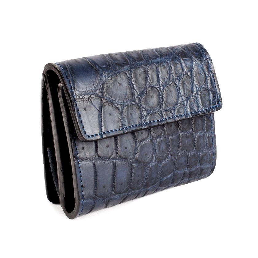 ミニ財布 小さい財布 ミニウォレット 三つ折り財布 / クロコダイル財布 ネイビーブルー /イタリアンレザー ブラック FUSION | 