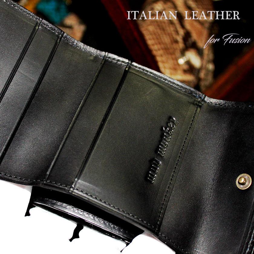 ミニ財布 小さい財布 ミニウォレット 三つ折り財布 / クロコダイル財布 マゼンタピンク /イタリアンレザー ブラック FUSION |  | 08