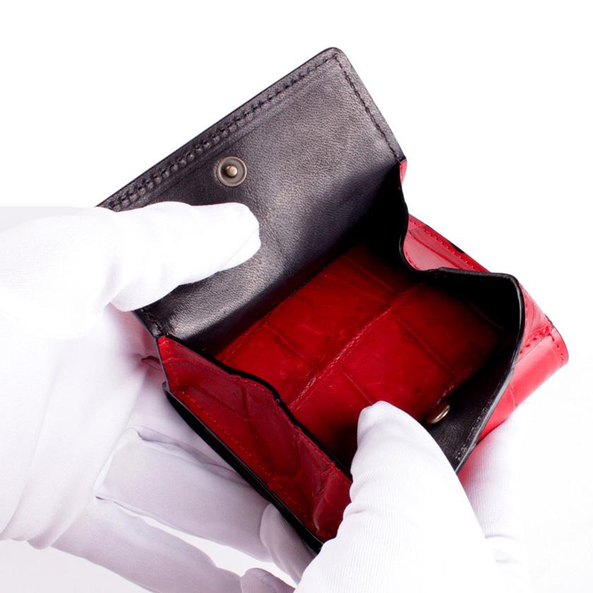 ミニ財布 小さい財布 ミニウォレット 三つ折り財布 / クロコダイル財布 バーミリオン /イタリアンレザー ブラック FUSION |  | 06