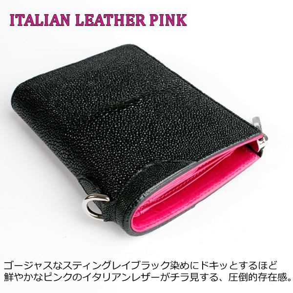 バイカーズウォレット ラウンドファスナー 二つ折り財布 財布 スティングレイハーフ メンズ /ブラック INSIDE PINK｜mudmonkey｜02