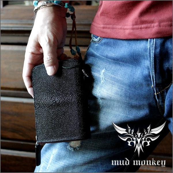 スティングレイ ダブルファスナー ストラップ付き 連石エイ 赤 キャビア加工 スティングレイ ダブルファスナー ストラップ付き 連石エイ 赤