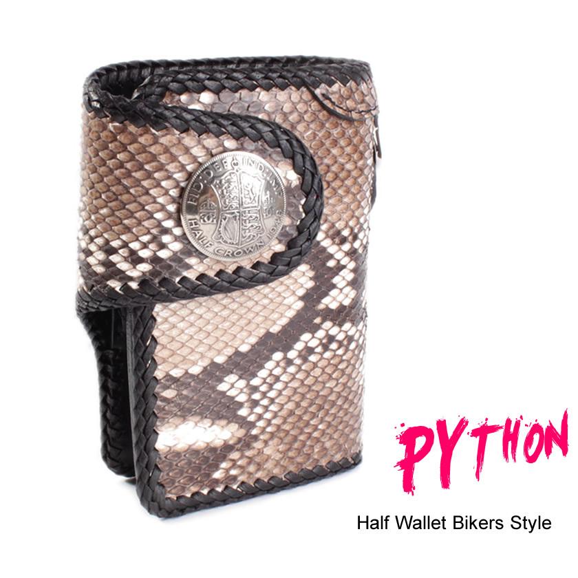 ミドルウォレット 二つ折り財布 パイソンナチュラル/コンチョビンテージコイン/INSIDEサドルBlack バイカーズウォレット