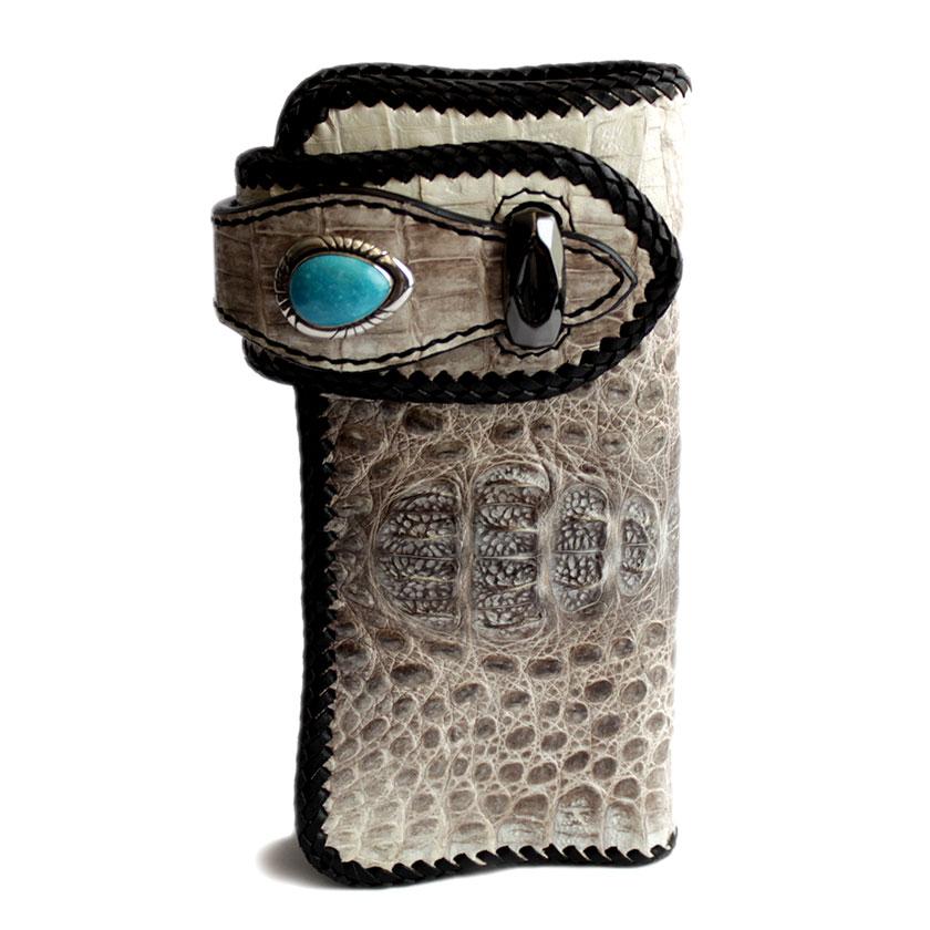 カイマンクラウン ワニ革 長財布 バイカーズウォレット/ブルー