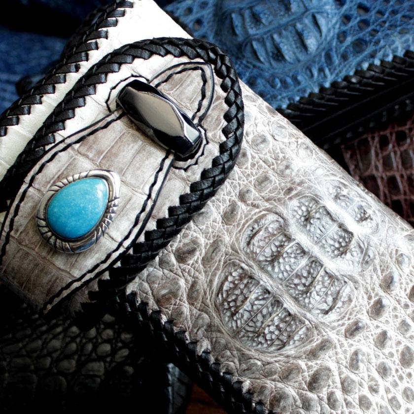 カイマンクラウン ワニ革 長財布 バイカーズウォレット/ブルー