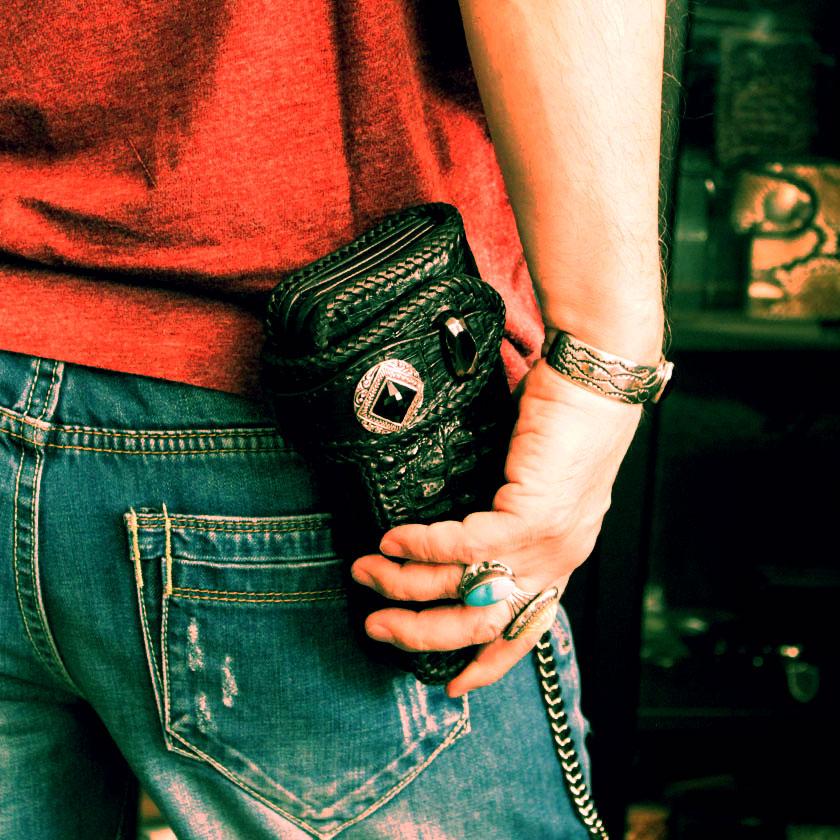 カイマンクラウン ワニ革 長財布 バイカーズウォレット/マッドオニキス