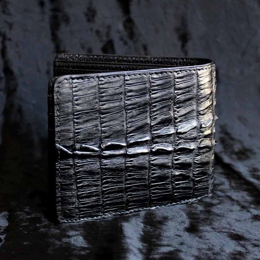 カイマンワニ革/二つ折り財布/ショートウォレット/ブラック背面 |  | 01