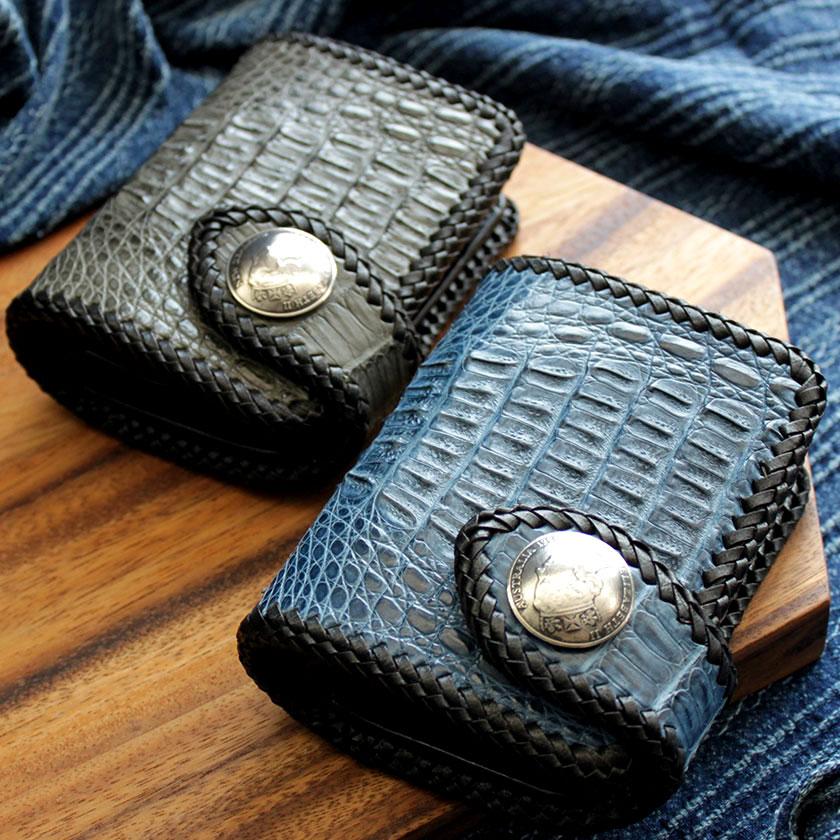 カイマン ワニ革 ショートウォレット 二つ折り財布/エリザベスコインコンチョ/インナー黒 |  | 03