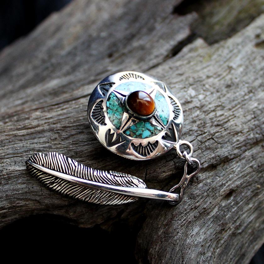 コンチョ ボタン/ネジ式/インディアンズニスタイル/天然ターコイズ・タイガーアイ・珊瑚/フェザーミドル/レザークラフト/コンチョシルバー925 |  | 01