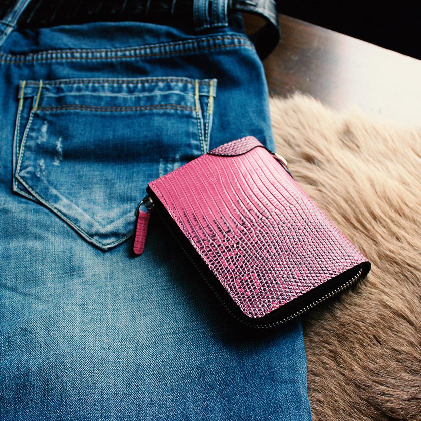 l字ファスナー財布 二つ折り財布 トカゲ革 リザードハーフ /ピンク |  | 10