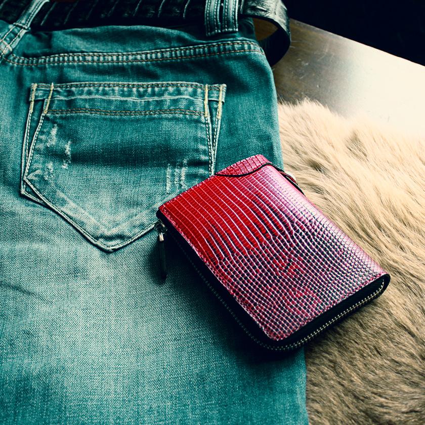 l字ファスナー財布 二つ折り財布 トカゲ革 リザードハーフ /レッド |  | 10