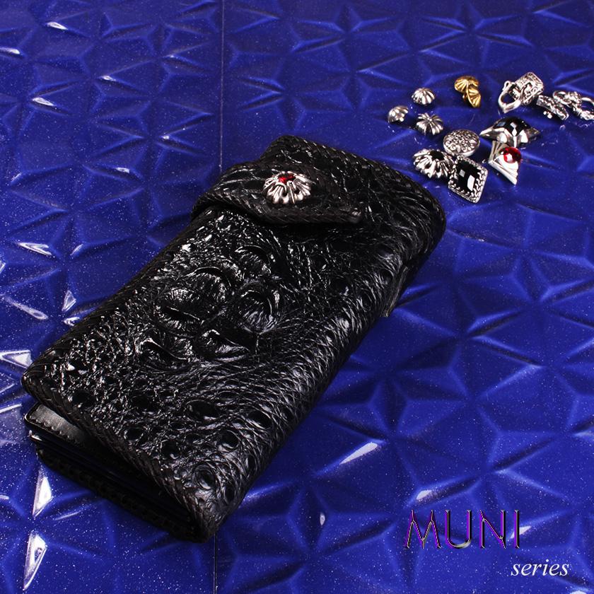 クロコダイル 長財布 クラウンホーンバック・ブラック/コンチョLilyGothicCZレッド MUNI |  | 01