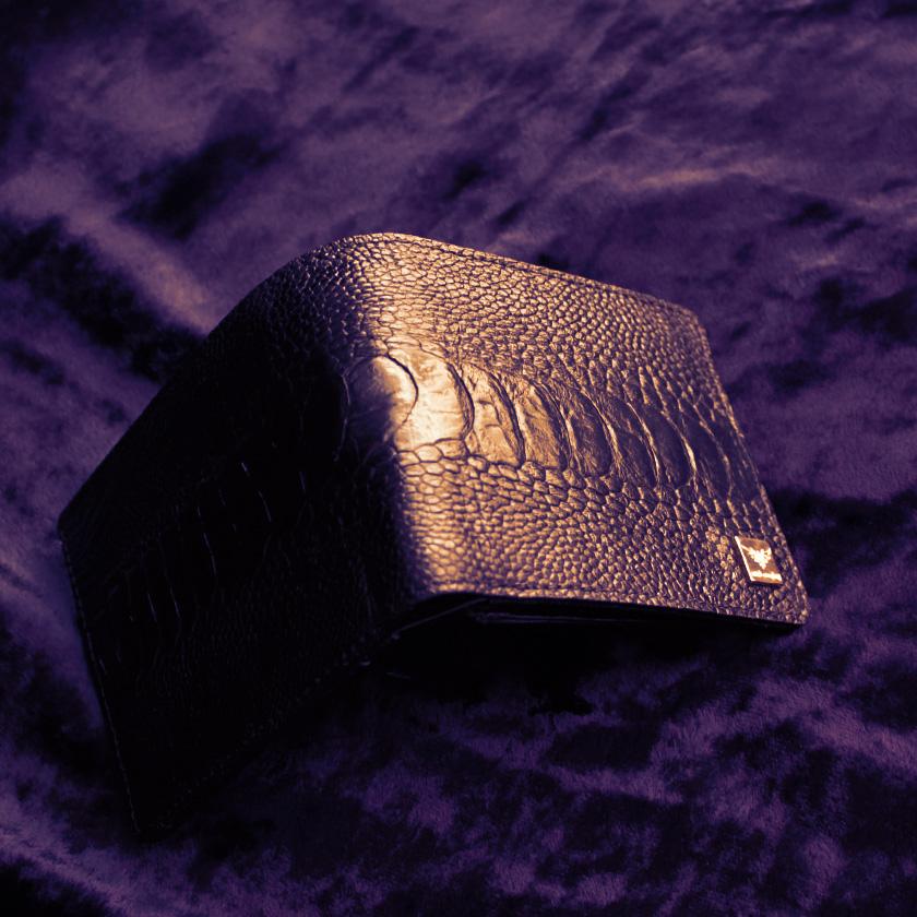 オーストリッチレッグ革/二つ折り財布/ショートウォレット/ブラック |  | 04