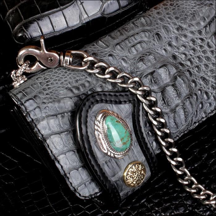 バイカーズウォレット 長財布 クロコダイル 財布・クラウングレー グリーンターコイズコンチョ Harley-11 |  | 01