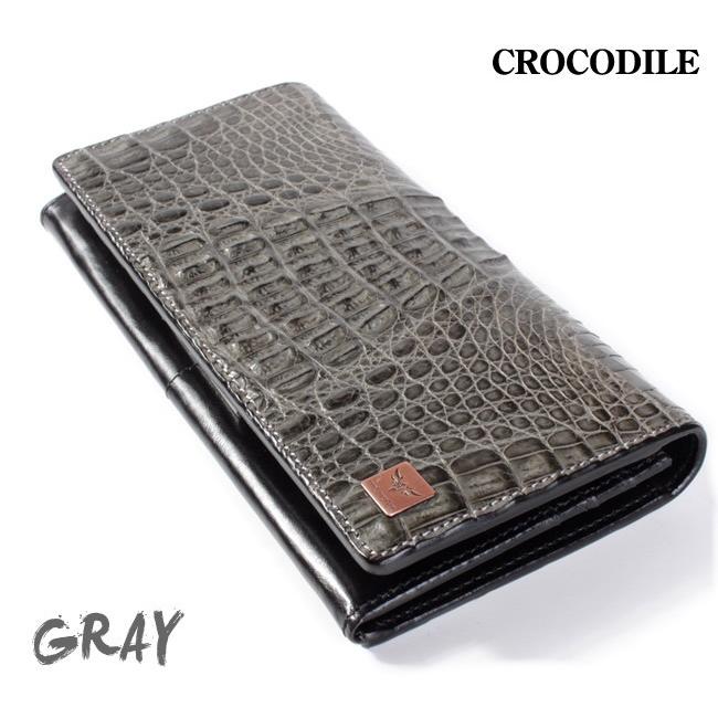 ワニ革カイマン長財布/グレイ・ブルー・ビンテージホワイト