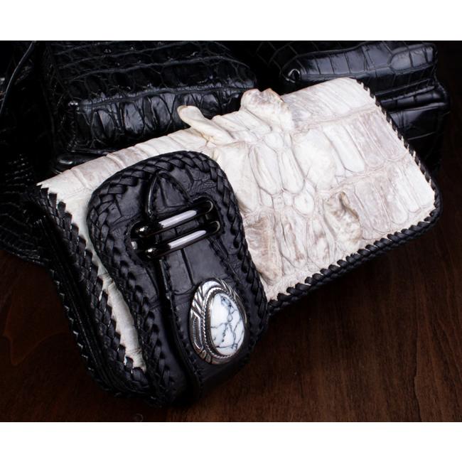 バイカーズウォレット クロコダイル 長財布 ヘビー級テイル INSIDEクロコダイル・WHITE&BLACK コンチョターコイズWHITE/限定1品 |  | 01