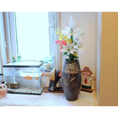 信楽焼 花瓶 黒 花彫り 櫛目 おしゃれ 一輪挿し 花入 陶器