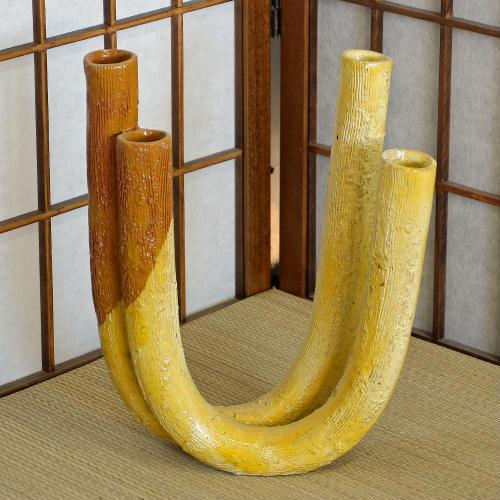 信楽焼 花器 黄釉 2連 パイプ型 自由花 陶器 花瓶 生け花 和風 華道