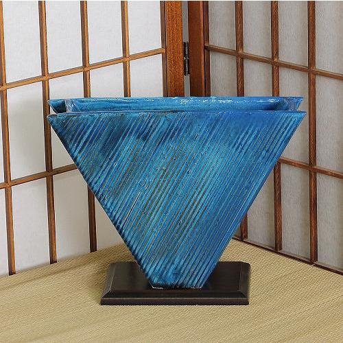 信楽焼 花器 青釉 彫 三角 自由花 陶器 花瓶 生け花 和風 華道 池坊