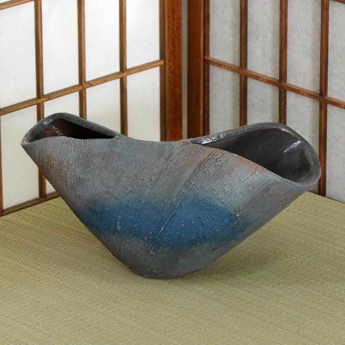 信楽焼 花器 灰釉 櫛目 ひねり 自由花 陶器 花瓶 生け花 和風 華道