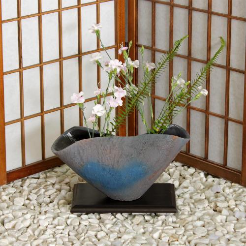 信楽焼 花器 灰釉 櫛目 ひねり 自由花 陶器 花瓶 生け花 和風 華道