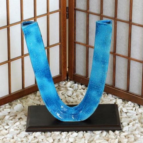 信楽焼 花器 青釉 U型 パイプ 自由花 陶器 花瓶 生け花 和風 華道 池坊