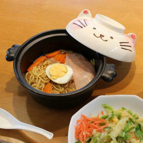 E-1 【オーブンOK】耐熱 ラーメン鉢 ペアセット（れんげ付き）黒 萬古焼 万古焼(萬古焼) 電子レンジで簡単！耐熱ラーメン鍋 黒 ネコ 蓋付