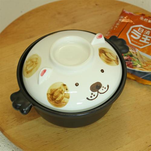万古焼(萬古焼) 電子レンジで簡単！耐熱ラーメン鍋 黒 ネコ 蓋付