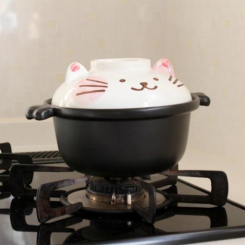 万古焼(萬古焼) 電子レンジで簡単！耐熱ラーメン鍋 黒 ネコ 蓋付