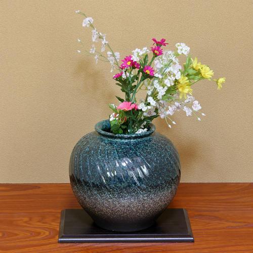 信楽焼 花瓶 緑釉 彫り 丸 8号 おしゃれ 一輪挿し 小さい 花入