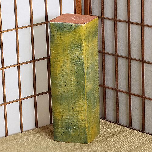 ☆★信楽焼＊つる手付き花器(未使用品) 信楽焼 花器 黄釉 角筒 立花 陶器 花瓶 生け花 和風 華道 池坊 生花用