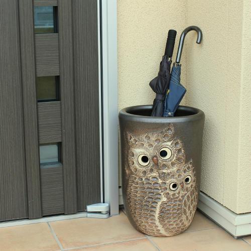 ポイント5倍]信楽焼 陶器 傘立て 黒 ペア フクロウ 透し彫 傘たて