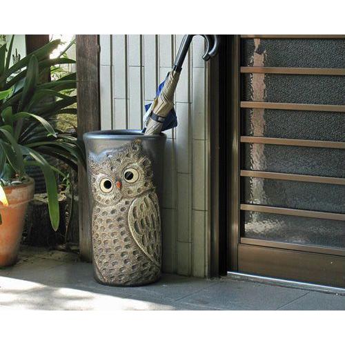 [ポイント5倍]信楽焼 陶器 傘立て 黒 フクロウ 透し彫 傘たて ふくろう スリム 北欧 おしゃれ アンティーク かわいい ギフト 業務用 傘立 信楽焼き(MB047-02G)