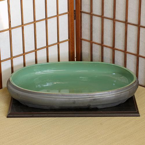 アウトレット 信楽焼 水盤 いぶし 中青磁 小判 16号 池坊 生け花 和風