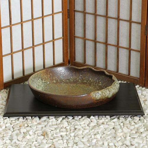 在庫数限り 信楽焼 水盤 花器 12号 茶 窯変 曲げ 丸型 陶器 池坊 嵯峨