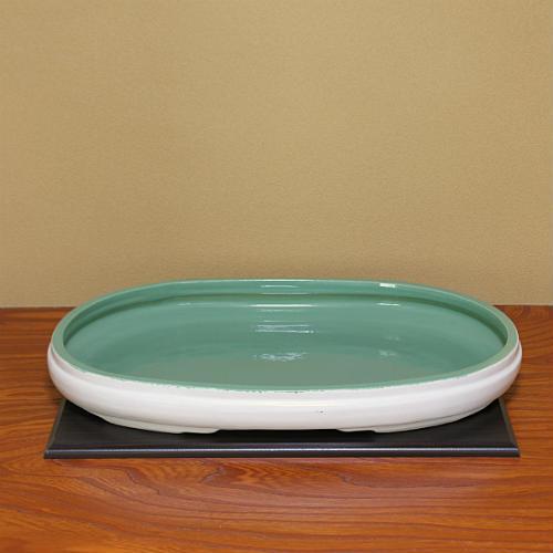 在庫数限り 信楽焼 水盤 花器 18号 白 中青磁 小判 陶器 池坊 嵯峨御流