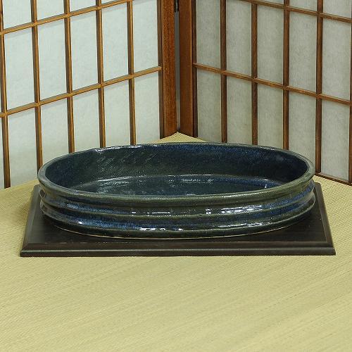 在庫数限り 信楽焼 水盤 花器 13号 ネイビー 千段 小判 陶器 池坊 嵯峨