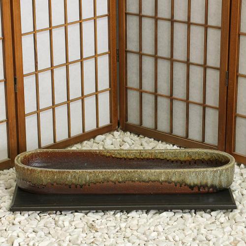 信楽焼 変形小判水盤 花器 信楽焼 水盤 花器 茶 窯変 長 小判 大 スカーレット 陶器 池坊 嵯峨御