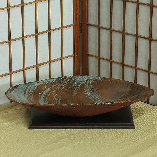 在庫数限り 信楽焼 水盤 花器 17号 灰釉 刷毛目 小判 陶器 池坊 嵯峨御