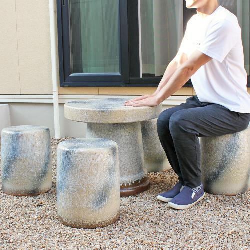 ポイント15倍]受注生産 信楽焼 ガーデンテーブル 5点 セット 白 窯変