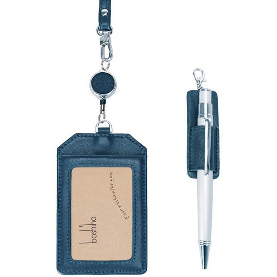 Boshiho Idカードホルダー 縦型 本革 パスケース 定期入れ 一層目牛革 リール付き ペンホルダー 背面ポケット二つ ネックストラップ付き 五 2年保証