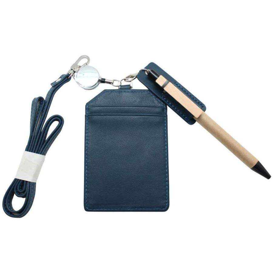 Boshiho Idカードホルダー 縦型 本革 パスケース 定期入れ 一層目牛革 リール付き ペンホルダー 背面ポケット二つ ネックストラップ付き 五 2年保証