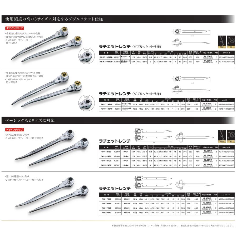 MUSTTOOL (マストツール)  ラチェットレンチ ダブルソケット仕様 RW-171921CD 17/21×19 曲がり 稲妻デザイン 握りやすい八角グリップ｜mulhandz｜03