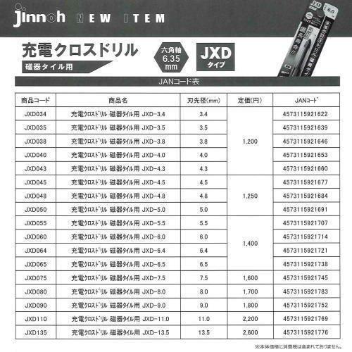 JINNOH 神王工業 充電クロスドリル JXD080 刃先径8.0mm 磁器タイル用 六角軸6.35mm JXDタイプ｜mulhandz｜03