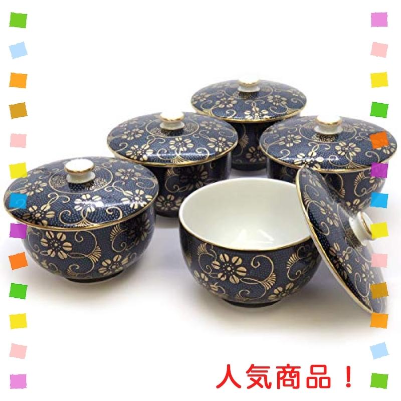 九谷焼 蓋付 湯のみ 5客セット 青粒鉄仙 陶器 和食器 来客用 湯呑み茶碗 日本製 k6-0756