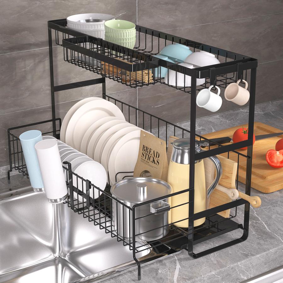 水切りラック スペース広がる 伸縮 2段 水切りカゴ 水切りかご 大容量