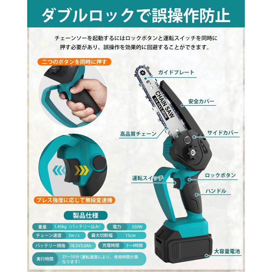 チェーンソー 充電式 6インチ 21V 大容量バッテリー 切断直径15cm 片手