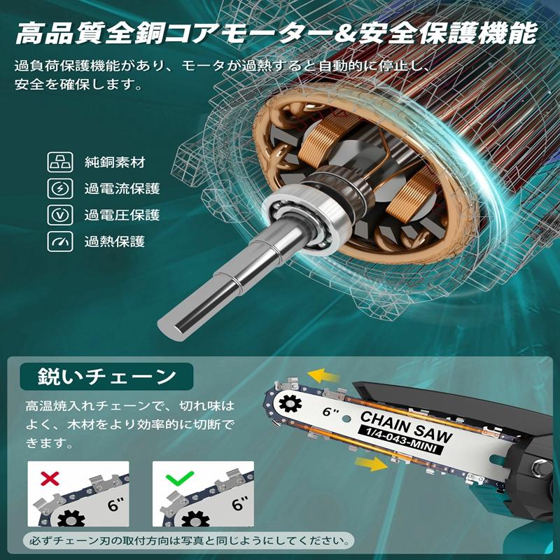 チェーンソー 充電式 6インチ 21V 大容量バッテリー 切断直径15cm 片手