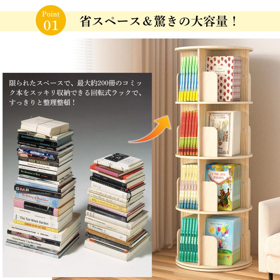 回転式 本棚 絵本棚 コミック収納棚 DVDラック 本棚 木製 3段/4段/5段 直径40cm A4が入る高さ 耐荷重80kg 大容量 回転ラック 組立簡単