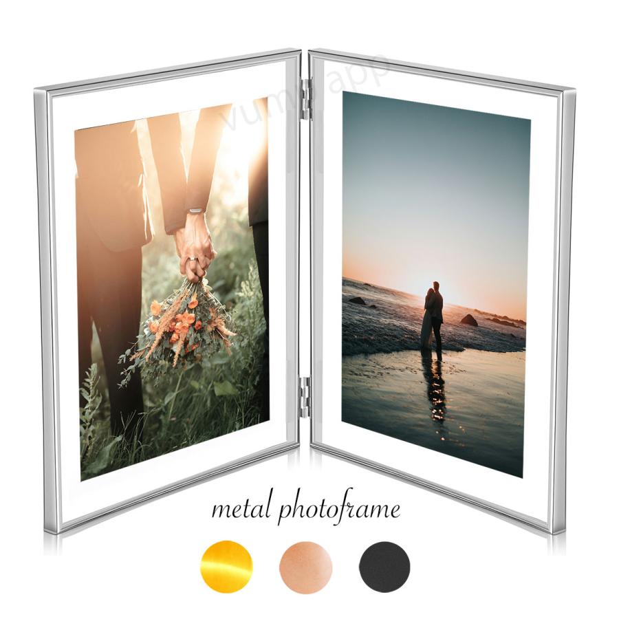 フォトフレーム 2L判 2面 ガラス 2枚 写真立て メタルフレーム 見開き